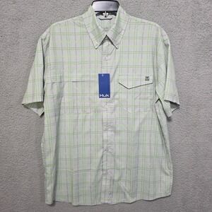 HUK Tide Point Break Short Sleeve Men's Button Up Green Gray Plaid Medium NWT